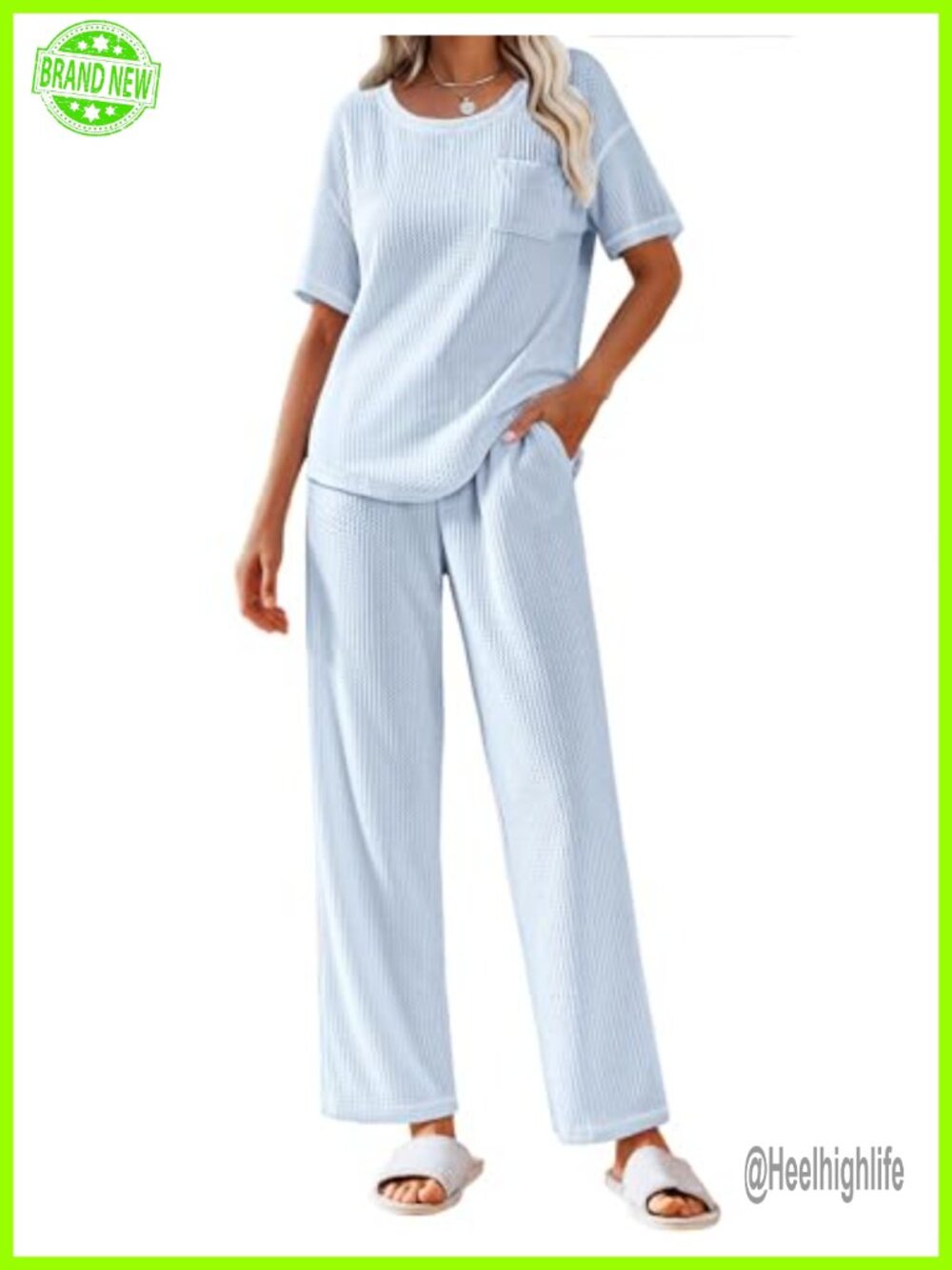Waffle Knit Lounge Set Short Sleeve Top Long Pant Pajamas
